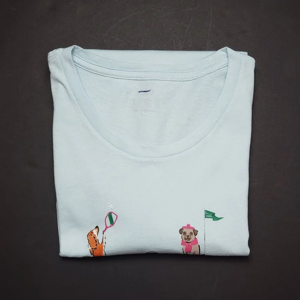 J.Crew Factory Sporty Dogs Graphic Tee Women Medium Light Blue SS Collectors Tee - Picture 16 of 16
